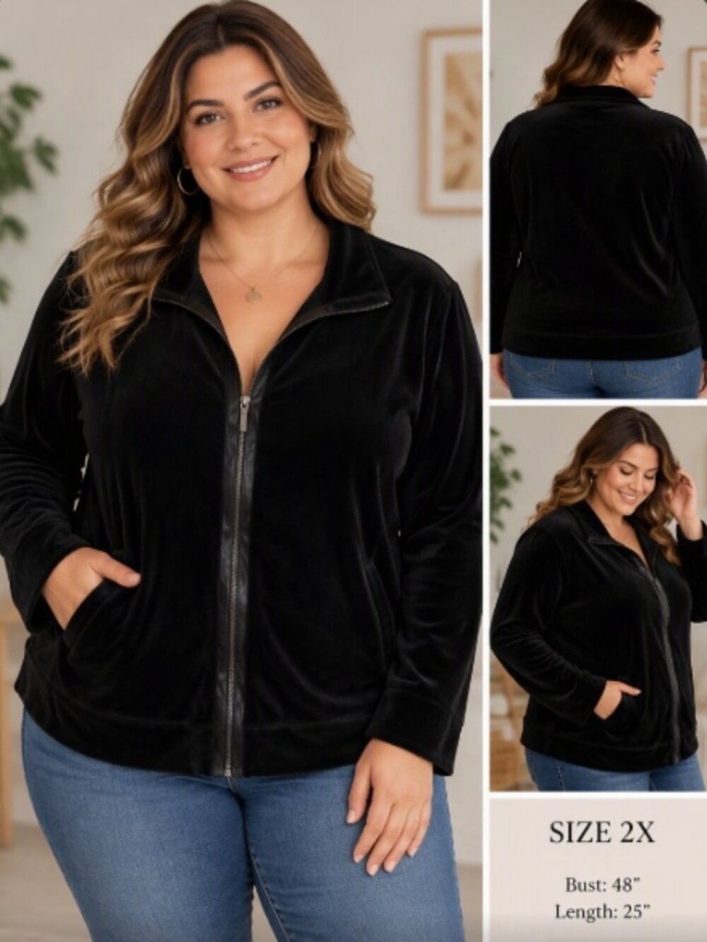 Talbots Woman Soft Black Velour Full Zip Jacket Plus 2X Luxe Casual Athleisure